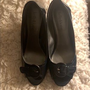 Kelly & Katie Navy Patent Buckle Peep Toe Heals